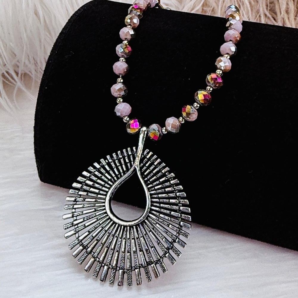 Bohemian chic Large Silvertone Pendant and Purple Beaded Necklace